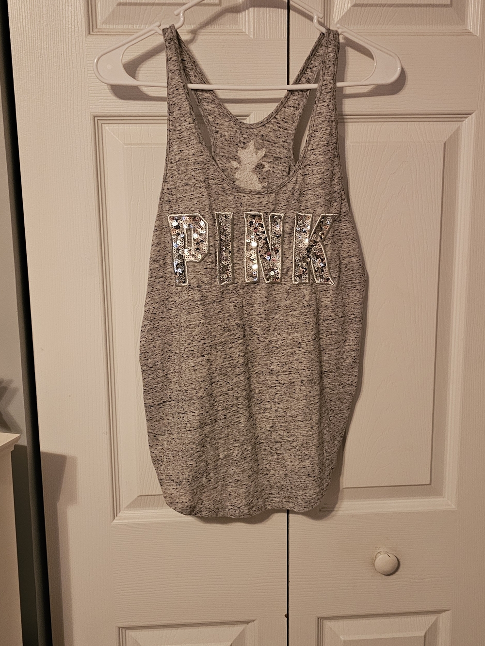 PINK Victoria's Secret Heather Gray Sequin Logo Racerback Tank Size S
